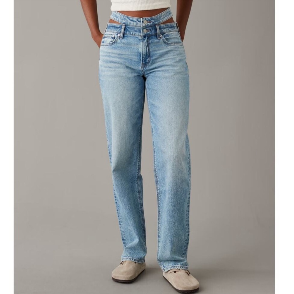 AE Strigid Super Hi rise Baggy Straight Jeans 4 short cut out double waist